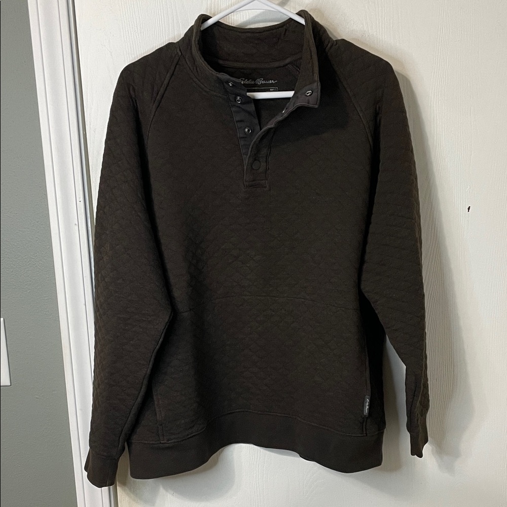 Eddie Bauer Men's Quilted Crewneck Snap Buttons Sweater Dark Brown Size Large